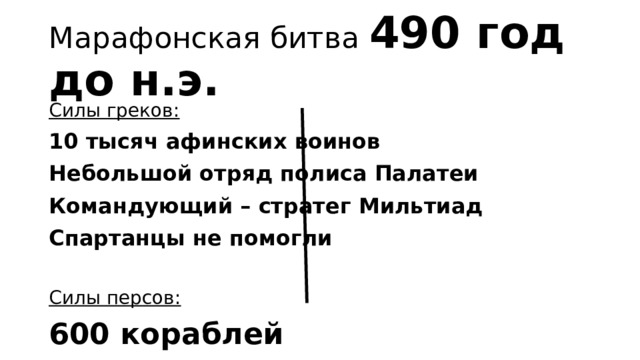 Марафонская битва 490 год до н.э. Силы греков: 10 тысяч афинских воинов Небольшой отряд полиса Палатеи Командующий – стратег Мильтиад Спартанцы не помогли Силы персов: 600 кораблей 25 тысяч пеших воинов 1 тысяча всадников 