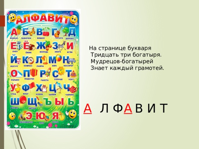 На странице букваря  Тридцать три богатыря.  Мудрецов-богатырей  Знает каждый грамотей.   Л Ф  В И Т А А 