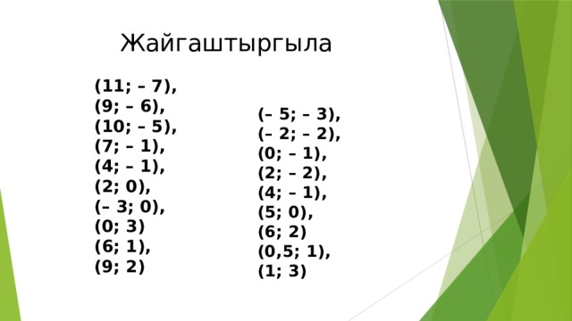 Жайгаштыргыла (11; – 7),  (9; – 6),  (10; – 5),  (7; – 1),  (4; – 1),  (2; 0),  (– 3; 0),  (0; 3)  (6; 1),  (9; 2) (– 5; – 3),  (– 2; – 2),  (0; – 1),  (2; – 2),  (4; – 1),  (5; 0),  (6; 2)  (0,5; 1),  (1; 3) 