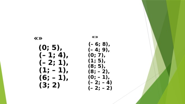 «»    «»  (0; 5),  (– 1; 4),  (– 2; 1),  (1; – 1),  (6; – 1),  (3; 2)  (– 6; 8),  (– 4; 9),  (0; 7),  (1; 5),  (8; 5),  (8; – 2),  (0; – 1),  (– 2; – 4)  (– 2; – 2 ) 