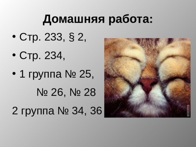 Домашняя работа: Стр. 233, § 2, Стр. 234, 1 группа № 25, № 26, № 28 2 группа № 34, 36 
