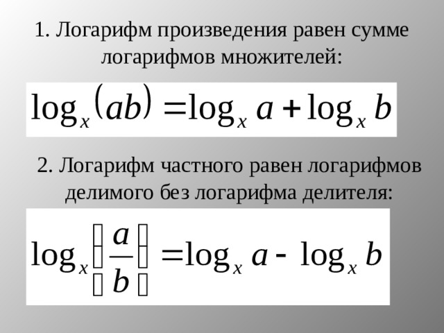 1. Логарифм произведения равен сумме логарифмов множителей: 2. Логарифм частного равен логарифмов делимого без логарифма делителя: 