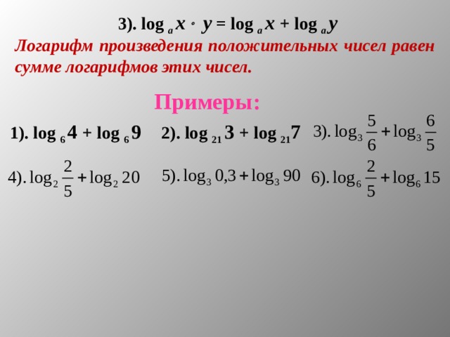 3). log а х  у = log а х + log а у Логарифм произведения положительных чисел равен сумме логарифмов этих чисел. Примеры: 1). log 6 4  + log 6 9 2). log 21 3  + log 21 7 