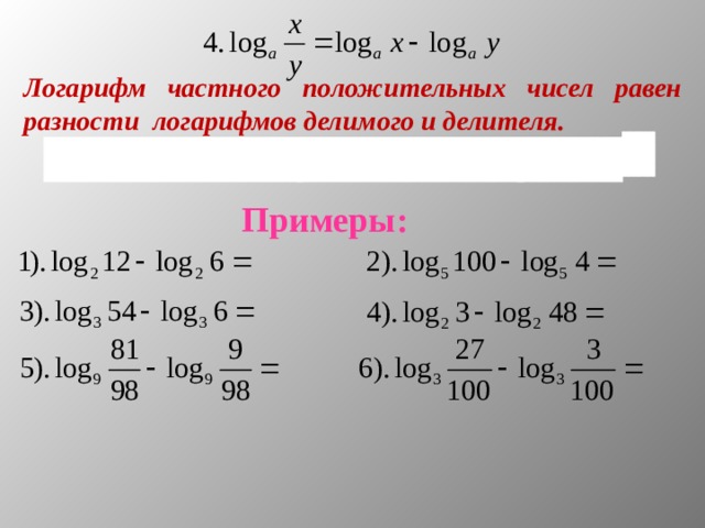 Логарифм частного положительных чисел равен разности логарифмов делимого и делителя. log 2 4 = log 2 32 : 8 = log 2 32 – log 2 8 = 5 – 3 = 2 Примеры: 