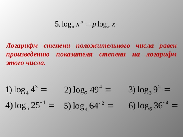 Логарифм степени положительного числа равен произведению показателя степени на логарифм этого числа. 