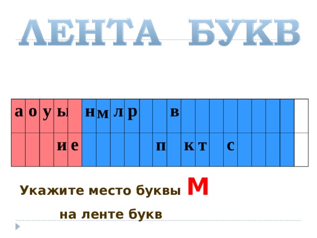 м а о у ы и н е л р в п к т с Укажите место буквы М   на ленте букв  