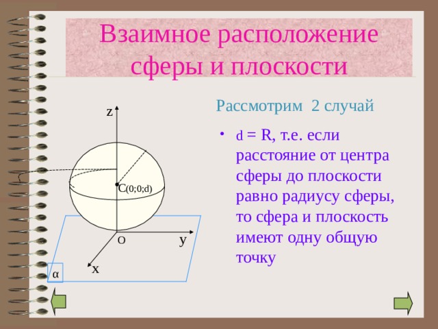 Взаимное расположение сферы и плоскости  Рассмотрим 2 случай z d = R , т.е. если расстояние от центра сферы до плоскости равно радиусу сферы, то сфера и плоскость имеют одну общую точку C (0 ;0; d) у O х α 