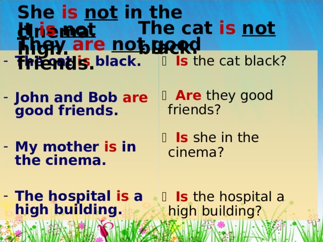 She is  not in the cinema. The cat is  not black. It is  not high. They are  not good friends. The cat is black.  John and Bob are good friends.  My mother is in the cinema.  The hospital is a high building.   Is the cat black?   Are  they good friends?   Is  she in the cinema?   Is the hospital a high building? 