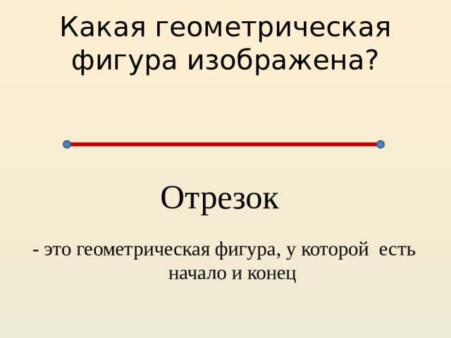 Какая геометрическая фигура изображена? Отрезок - это геометрическая фигура, у которой есть начало и конец 