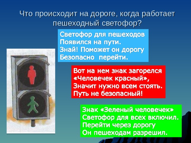 Что происходит на дороге, когда работает пешеходный светофор? 