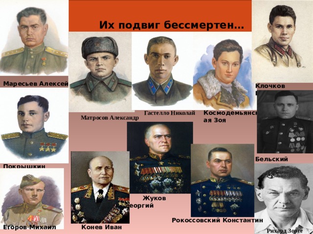  Их подвиг бессмертен… Рихард Зорге Маресьев Алексей Клочков Василий Гастелло Николай Космодемьянская Зоя Матросов Александр Бельский Алексей Покрышкин Александр  Жуков Георгий Рокоссовский Константин Егоров Михаил Конев Иван 