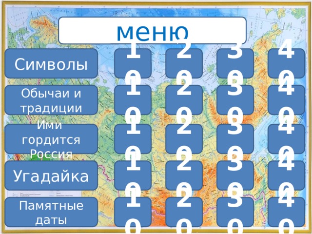 меню 40 Символы 10 20 30 30 20 40 10 Обычаи и традиции 10 Ими гордится Россия 20 40 30 40 10 Угадайка 20 30 10 30 20 Памятные даты 40 