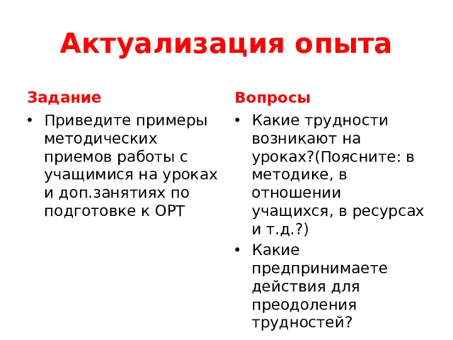Актуализация опыта Задание Вопросы Приведите примеры методических приемов работы с учащимися на уроках и доп.занятиях по подготовке к ОРТ Какие трудности возникают на уроках?(Поясните: в методике, в отношении учащихся, в ресурсах и т.д.?) Какие предпринимаете действия для преодоления трудностей? 