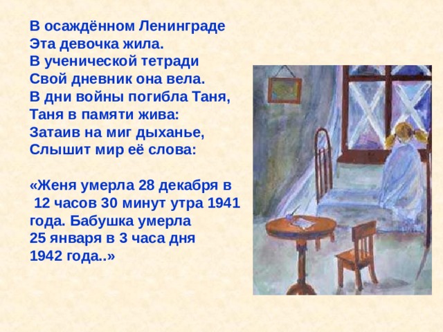 В осаждённом Ленинграде Эта девочка жила. В ученической тетради Свой дневник она вела. В дни войны погибла Таня, Таня в памяти жива: Затаив на миг дыханье, Слышит мир её слова:  «Женя умерла 28 декабря в  12 часов 30 минут утра 1941 года. Бабушка умерла 25 января в 3 часа дня 1942 года..» В осаждённом Ленинграде Эта девочка жила. В ученической тетради Свой дневник она вела. В дни войны погибла Таня, Таня в памяти жива: Затаив на миг дыханье, Слышит мир её слова: «Женя умерла 28 декабря в 12 часов 30 минут утра 1941 года. Бабушка умерла 25 ян- варя в 3 часа дня 1942 года..». 