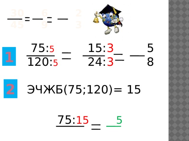 30 6 2  45 9 3  75: 5 15: 3 5  120: 5 24: 3 8 ЭЧЖБ(75;120)= 15 1 2  75: 15 5   120: 15  8 
