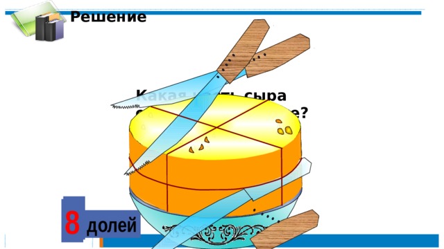Решение Какая часть сыра осталась на блюде? 4 2 8 доли долей 
