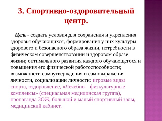 3. Спортивно-оздоровительный центр.   Цель  - создать условия для сохранения и укрепления здоровья обучающихся, формирования у них культуры здорового и безопасного образа жизни, потребности в физическом совершенствовании и здоровом образе жизни; оптимального развития каждого обучающегося и повышения его физической работоспособности; возможности самоутверждения и самовыражения личности, социализации личности : игровые виды спорта, оздоровление, «Лечебно – физкультурные комплексы» (специальная медицинская группа), пропаганда ЗОЖ, большой и малый спортивный залы, медицинский кабинет. 