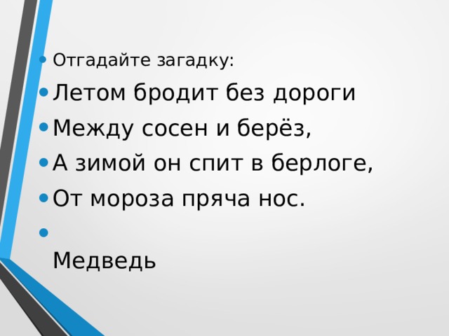 Отгадайте загадку: Летом бродит без дороги Между сосен и берёз, А зимой он спит в берлоге, От мороза пряча нос.  Медведь 