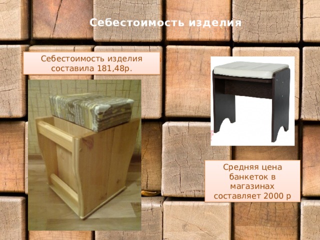 Себестоимость изделия Себестоимость изделия составила 181,48р. Средняя цена банкеток в магазинах составляет 2000 р 
