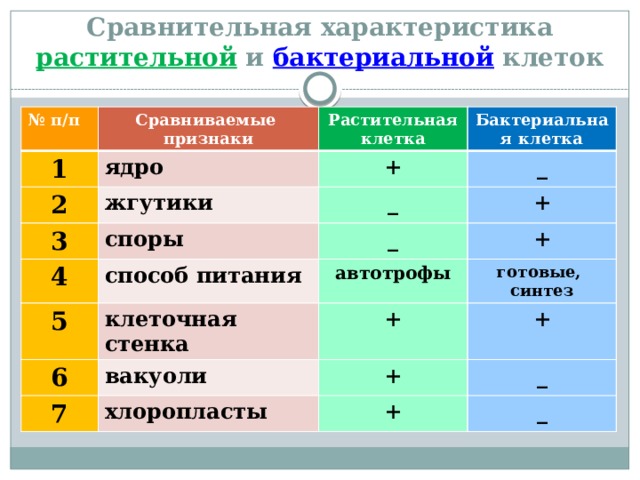 Сравнительная характеристика растительной и бактериальной клеток № п/п Сравниваемые признаки 1 ядро Растительная клетка 2 3 Бактериальная клетка + жгутики _ споры 4 _ + способ питания 5 _ + клеточная стенка 6 автотрофы 7 вакуоли + готовые, + синтез хлоропласты + _ + _ 