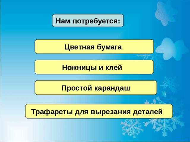 Нам потребуется: Цветная бумага Ножницы и клей Простой карандаш Трафареты для вырезания деталей 