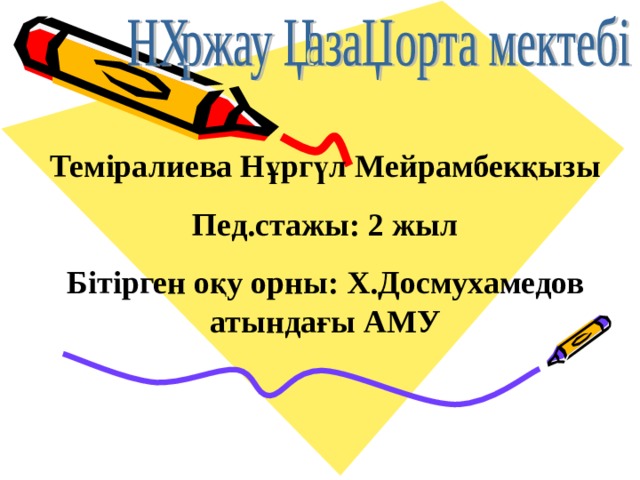 Тем іралиева Нұргүл Мейрамбекқызы Пед.стажы: 2 жыл Бітірген оқу орны: Х.Досмухамедов атындағы АМУ 