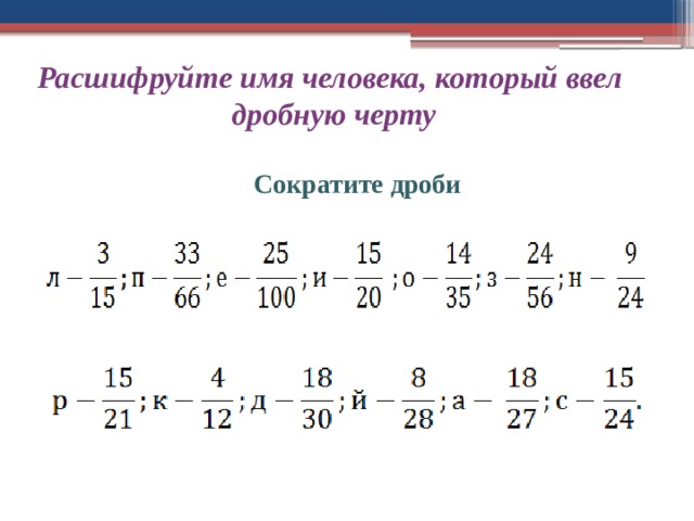 Расшифруйте имя человека, который ввел дробную черту Сократите дроби 