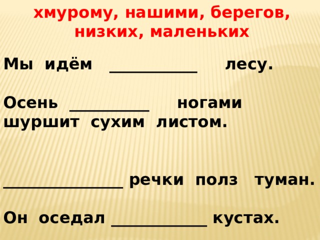 хмурому, нашими, берегов, низких, маленьких Мы идём ___________ лесу.  Осень __________ ногами шуршит сухим листом.   _______________ речки полз туман.  Он оседал ____________ кустах. 