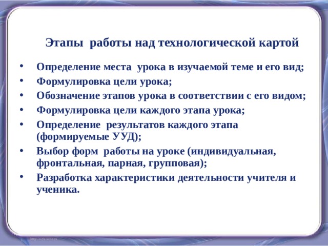 Этапы работы над технологической картой Определение места урока в изучаемой теме и его вид; Формулировка цели урока; Обозначение этапов урока в соответствии с его видом; Формулировка цели каждого этапа урока; Определение результатов каждого этапа (формируемые УУД); Выбор форм работы на уроке (индивидуальная, фронтальная, парная, групповая); Разработка характеристики деятельности учителя и ученика. 