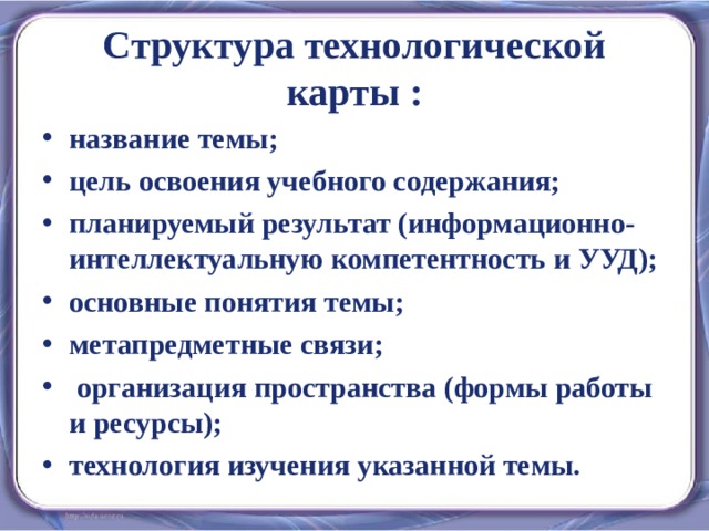 Структура технологической карты : название темы; цель освоения учебного содержания; планируемый результат (информационно-интеллектуальную компетентность и УУД); основные понятия темы; метапредметные связи;  организация пространства (формы работы и ресурсы); технология изучения указанной темы.   