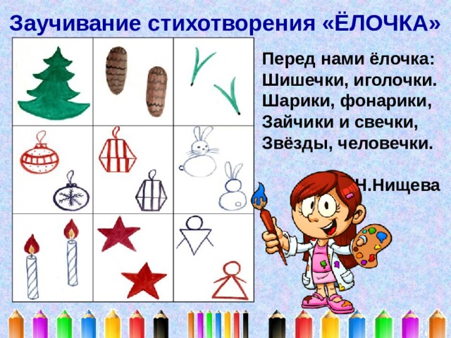 Заучивание стихотворения «ЁЛОЧКА»  Перед нами ёлочка:  Шишечки, иголочки.  Шарики, фонарики, Зайчики и свечки,  Звёзды, человечки.    Н.Нищева 