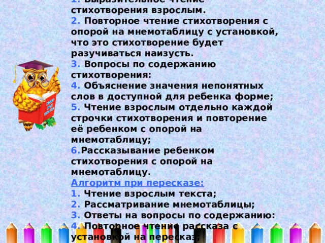 Алгоритм при разучивании стихотворений: 1. Выразительное чтение стихотворения взрослым. 2. Повторное чтение стихотворения с опорой на мнемотаблицу с установкой, что это стихотворение будет разучиваться наизусть. 3. Вопросы по содержанию стихотворения: 4. Объяснение значения непонятных слов в доступной для ребенка форме; 5. Чтение взрослым отдельно каждой строчки стихотворения и повторение её ребенком с опорой на мнемотаблицу; 6. Рассказывание ребенком стихотворения с опорой на мнемотаблицу. Алгоритм при пересказе: 1. Чтение взрослым текста; 2. Рассматривание мнемотаблицы; 3. Ответы на вопросы по содержанию: 4. Повторное чтение рассказа с установкой на пересказ; 5. Пересказ текста ребёнком своими словами по мнемотаблице.  