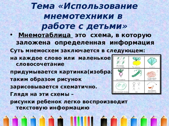 Тема «Использование мнемотехники в  работе с детьми»  Мнемотаблица это схема, в которую заложена определенная информация Суть мнемосхем заключается в следующем: на каждое слово или маленькое словосочетание придумывается картинка(изображение); таким образом рисунок зарисовывается схематично. Глядя на эти схемы – рисунки ребенок легко воспроизводит текстовую информацию 