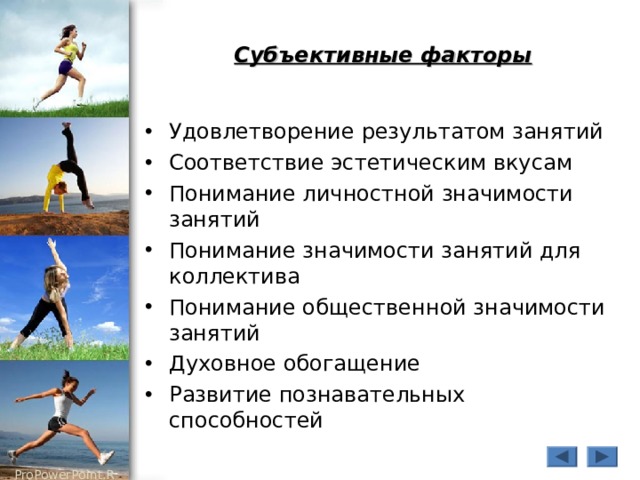 Субъективные факторы Удовлетворение результатом занятий Соответствие эстетическим вкусам Понимание личностной значимости занятий Понимание значимости занятий для коллектива Понимание общественной значимости занятий Духовное обогащение Развитие познавательных способностей 