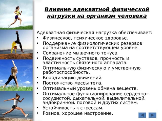 Влияние адекватной физической нагрузки на организм человека Адекватная физическая нагрузка обеспечивает: Физическое, психическое здоровье. Поддержание физиологических резервов организма на соответствующем уровне. Сохранение мышечного тонуса. Подвижность суставов, прочность и эластичность связочного аппарата. Оптимальную физическую и умственную работоспособность. Координацию движений. Постоянство массы тела. Оптимальный уровень обмена веществ. Оптимальное функционирование сердечно–сосудистой, дыхательной, выделительной, эндокринной, половой и других систем. Устойчивость к стрессам. Ровное, хорошее настроение. 