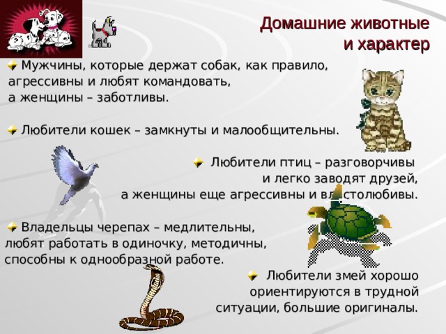 Домашние животные и характер Мужчины, которые держат собак, как правило,  агрессивны и любят командовать,  а женщины – заботливы. Любители кошек – замкнуты и малообщительны. Любители птиц – разговорчивы и легко заводят друзей,  а женщины еще агрессивны и властолюбивы. Владельцы черепах – медлительны, любят работать в одиночку, методичны, способны к однообразной работе. Любители змей хорошо  ориентируются в трудной  ситуации, большие оригиналы.  