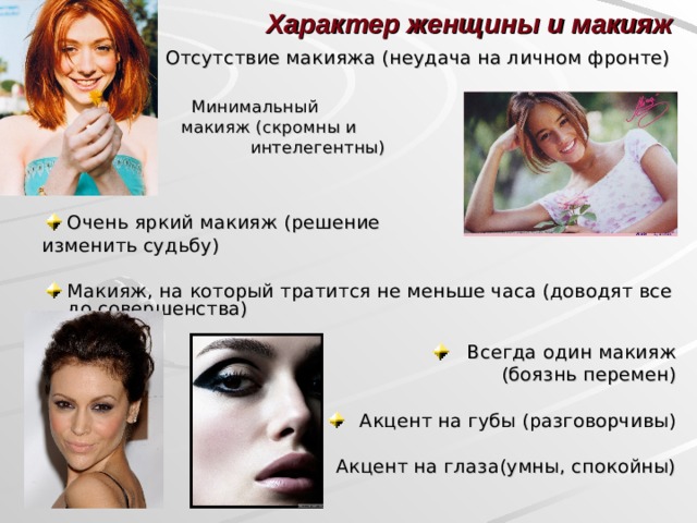 Характер женщины и макияж Отсутствие макияжа (неудача на личном фронте)  Минимальный  макияж (скромны и  интелегентны) Очень яркий макияж (решение изменить судьбу) Макияж, на который тратится не меньше часа (доводят все до совершенства) Всегда один макияж (боязнь перемен) Акцент на губы (разговорчивы) Акцент на глаза(умны, спокойны)  