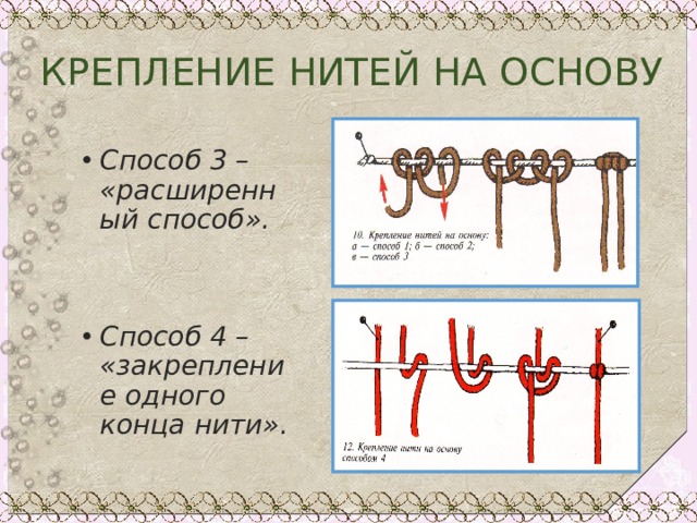 КРЕПЛЕНИЕ НИТЕЙ НА ОСНОВУ Способ 3 – «расширенный способ».   Способ 4 – «закрепление одного конца нити». 