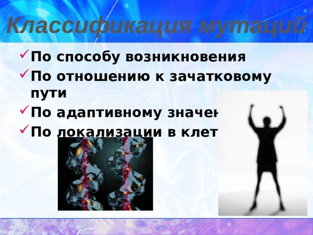 Классификация мутаций  По способу возникновения По отношению к зачатковому пути По адаптивному значению По локализации в клетке 