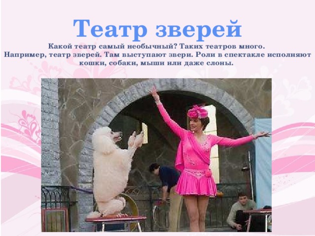 Театр зверей Какой театр самый необычный? Таких театров много. Например, театр зверей. Там выступают звери. Роли в спектакле исполняют кошки, собаки, мыши или даже слоны. 