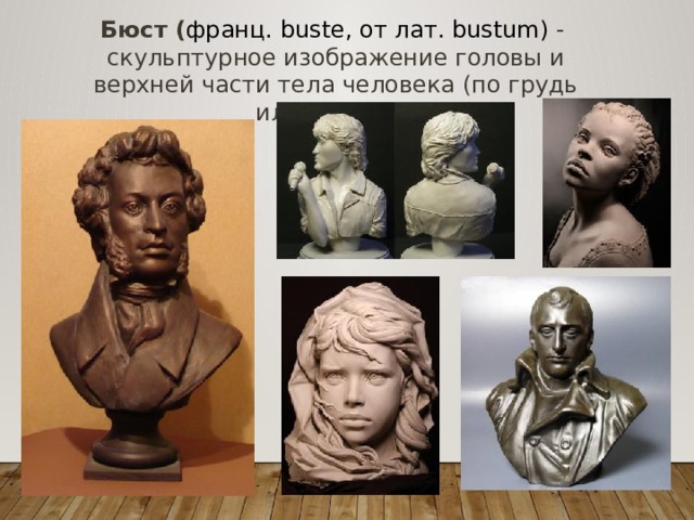 Бюст ( франц. buste, от лат. bustum) - скульптурное изображение головы и верхней части тела человека (по грудь или по пояс). 