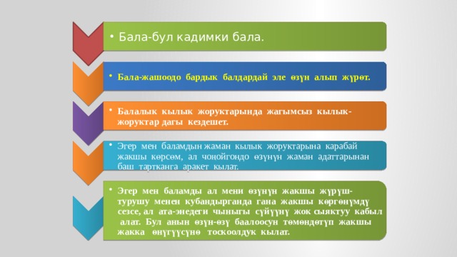 Бала-бул кадимки бала. Бала-бул кадимки бала. Бала-жашоодо бардык балдардай эле өзүн алып жүрөт. Бала-жашоодо бардык балдардай эле өзүн алып жүрөт. Балалык кылык жоруктарында жагымсыз кылык-жоруктар дагы кездешет. Балалык кылык жоруктарында жагымсыз кылык-жоруктар дагы кездешет. Эгер мен баламдын жаман кылык жоруктарына карабай жакшы көрсөм, ал чоңойгондо өзүнүн жаман адаттарынан баш тартканга аракет кылат. Эгер мен баламдын жаман кылык жоруктарына карабай жакшы көрсөм, ал чоңойгондо өзүнүн жаман адаттарынан баш тартканга аракет кылат. Эгер мен баламды ал мени өзүнүн жакшы жүрүш-турушу менен кубандырганда гана жакшы көргөнүмдү сезсе, ал ата-энедеги чыныгы сүйүүнү жок сыяктуу кабыл алат. Бул анын өзүн-өзү баалоосун төмөндөтүп жакшы жакка өнүгүүсүнө тоскоолдук кылат. Эгер мен баламды ал мени өзүнүн жакшы жүрүш-турушу менен кубандырганда гана жакшы көргөнүмдү сезсе, ал ата-энедеги чыныгы сүйүүнү жок сыяктуу кабыл алат. Бул анын өзүн-өзү баалоосун төмөндөтүп жакшы жакка өнүгүүсүнө тоскоолдук кылат. 