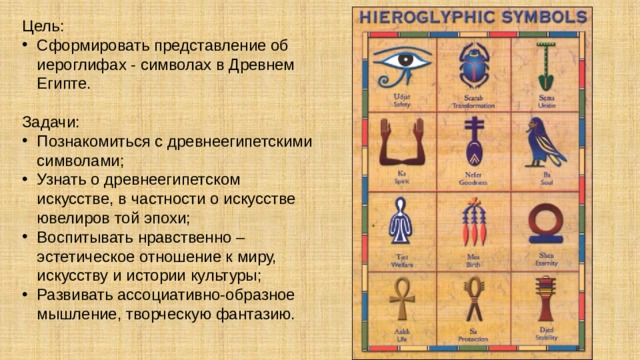Цель: Сформировать представление об иероглифах - символах в Древнем Египте. Задачи: Познакомиться с древнеегипетскими символами; Узнать о древнеегипетском искусстве, в частности о искусстве ювелиров той эпохи; Воспитывать нравственно – эстетическое отношение к миру, искусству и истории культуры; Развивать ассоциативно-образное мышление, творческую фантазию. 