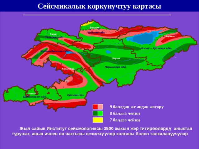 Сейсмикалык коркунучтуу картасы Бишкек Чуйская обл. Талас Каракол Талаская обл. Иссык – Кульская обл. Жалалабатская обл. Нарын Нарынская обл. Жалалабад Ош Баткен Ошская обл. Баткенская обл. 9 баллдан же андан жогору 8 баллга чейин 7 баллга чейин  Жыл сайын Институт сейсмологиясы 3500 жакын жер титир өө л ө рд ү аныктап турушат, анын ичнен он чактысы сезилч үү л ө р калганы болсо талкалануучулар 