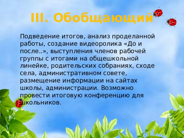 III. Обобщающий Подведение итогов, анализ проделанной работы, создание видеоролика «До и после..», выступления членов рабочей группы с итогами на общешкольной линейке, родительских собраниях, сходе села, административном совете, размещение информации на сайтах школы, администрации. Возможно провести итоговую конференцию для школьников. 