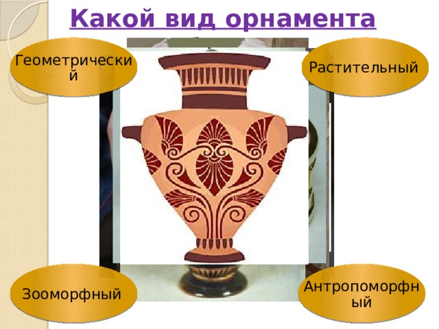 Какой вид орнамента изображен? Растительный Геометрический Зооморфный Антропоморфный 