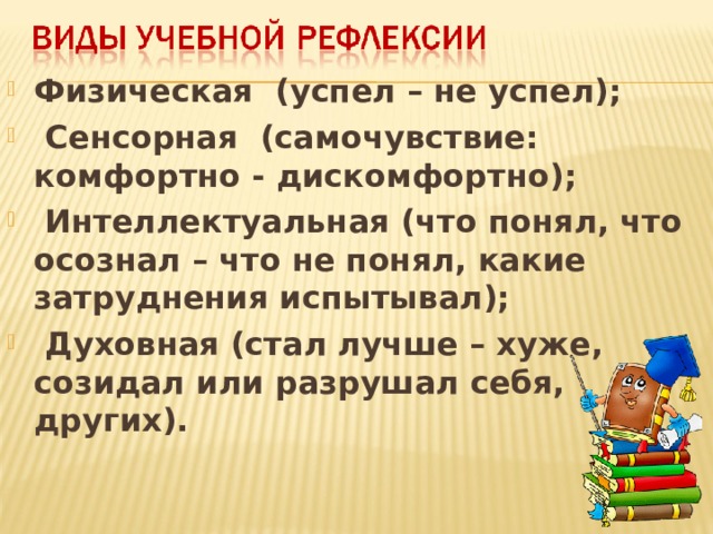 Физическая (успел – не успел);  Сенсорная (самочувствие: комфортно - дискомфортно);  Интеллектуальная (что понял, что осознал – что не понял, какие затруднения испытывал);  Духовная (стал лучше – хуже, созидал или разрушал себя, других).  