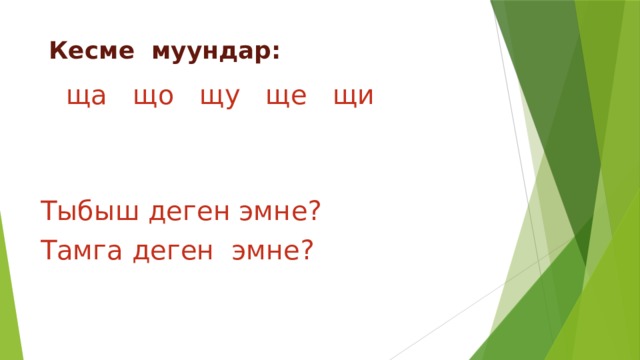  Кесме муундар:  ща що щу ще щи Тыбыш деген эмне? Тамга деген эмне? 