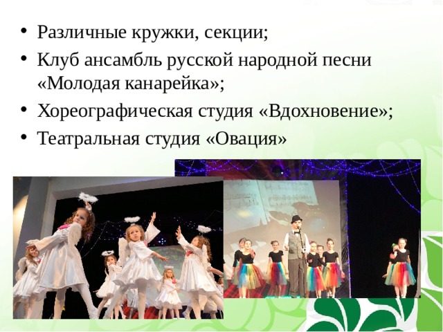 Различные кружки, секции; Клуб ансамбль русской народной песни «Молодая канарейка»; Хореографическая студия «Вдохновение»; Театральная студия «Овация»  