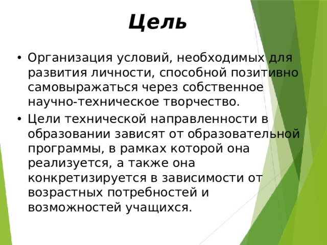 Цель Организация условий, необходимых для развития личности, способной позитивно самовыражаться через собственное научно-техническое творчество. Цели технической направленности в образовании зависят от образовательной программы, в рамках которой она реализуется, а также она конкретизируется в зависимости от возрастных потребностей и возможностей учащихся. 